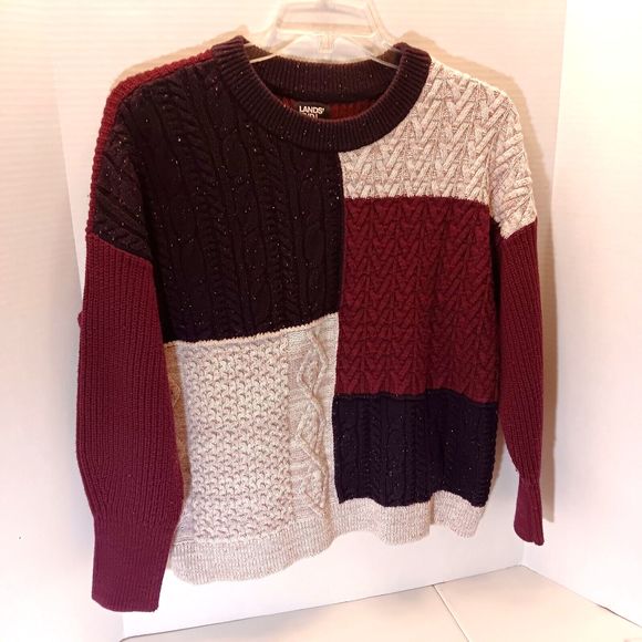 Lands End Sweater Mens S Colorblock Cable Knit Patchwork Grandpa Wool Blend - Picture 3 of 9